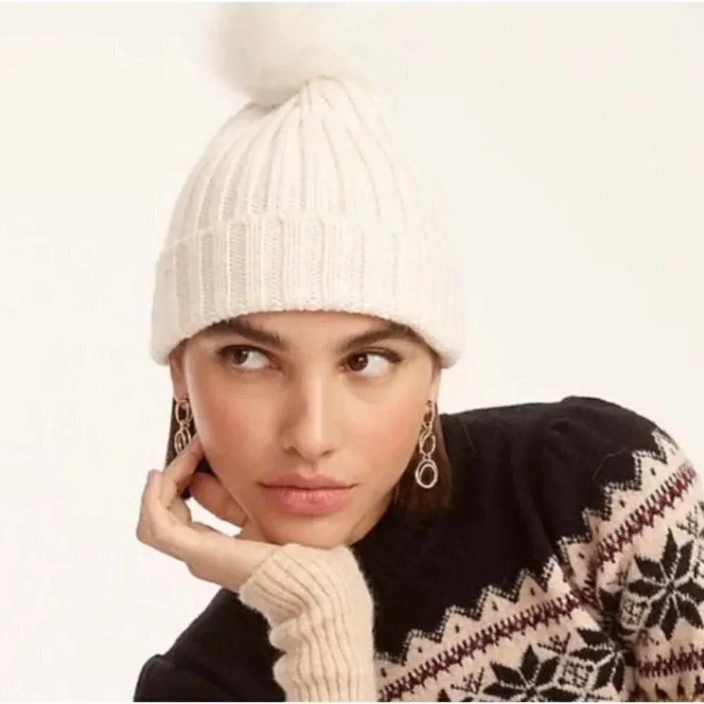 NEW J. Crew Ivory Ribbed Pom Pom Beanie Hat